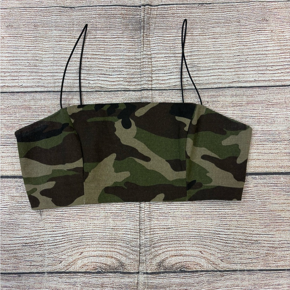 Tobi Olive Green camo Strapless crop tank Top